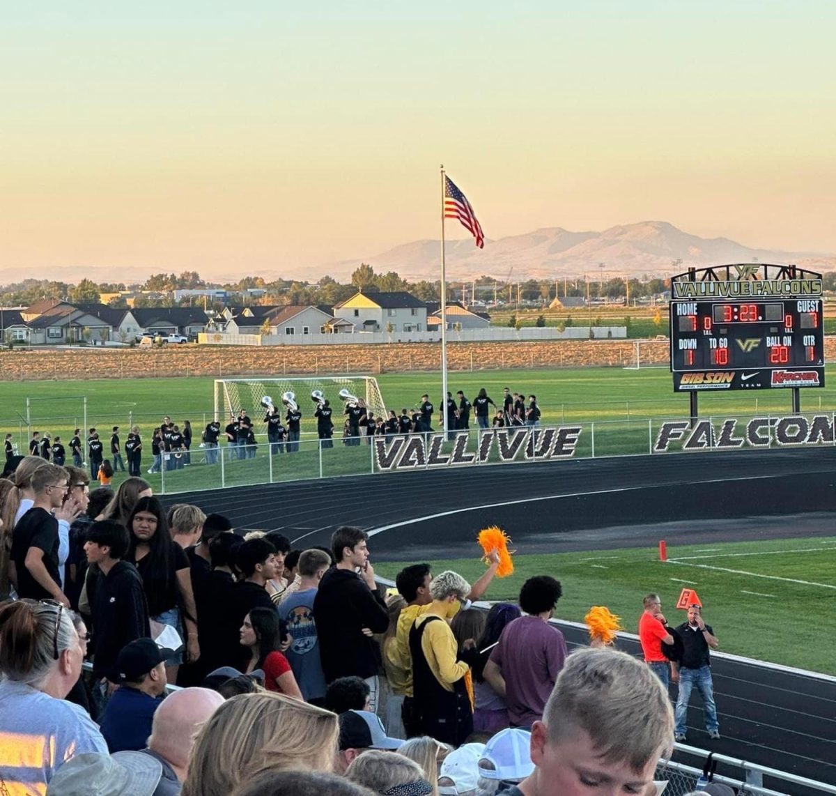 The VHS Marching Band takes the field at its first home game of the season against Columbia (photo courtesy of Vallivue Bands and Marching Corps).