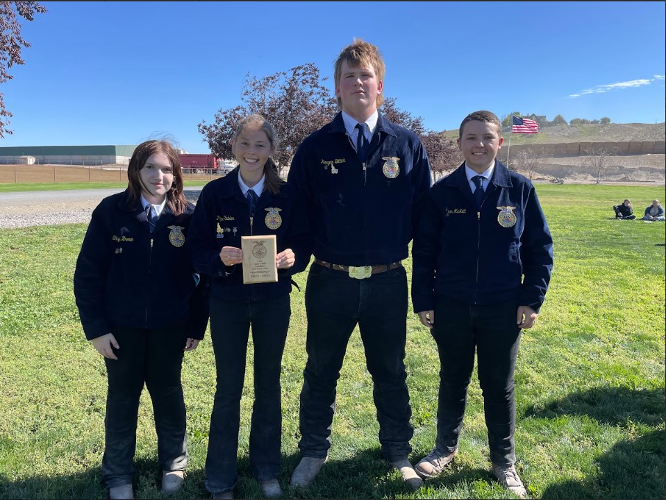 Dairy Cattle Districts in Marsing on 9/13. Pictured L to R is: Shayla Brown, Piper Hubler, Keagan Bittick, and Ryan McNutt (photo courtesy of Mrs. Drollinger)