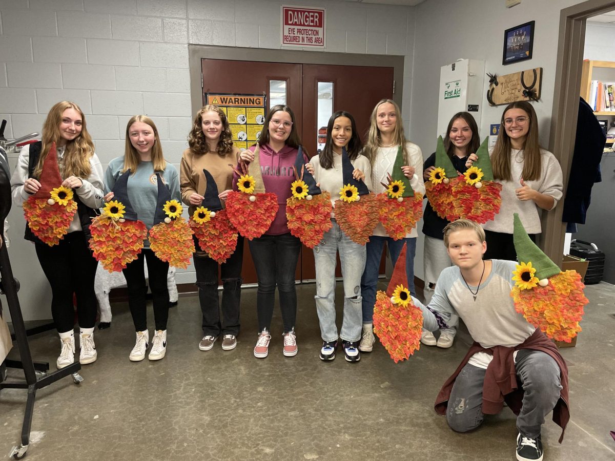 The floral class posing with some of their fall gnome wreaths which will be sold during the VHS Craft Fair on Nov. 18 (photo courtesy of Mrs. Drollinger).