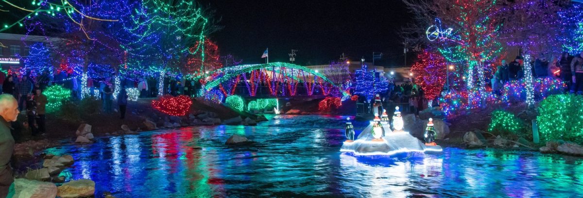 A panoramic view of the winter lights on Indian Creek in downtown Caldwell (photo courtesy of the City of Caldwell).